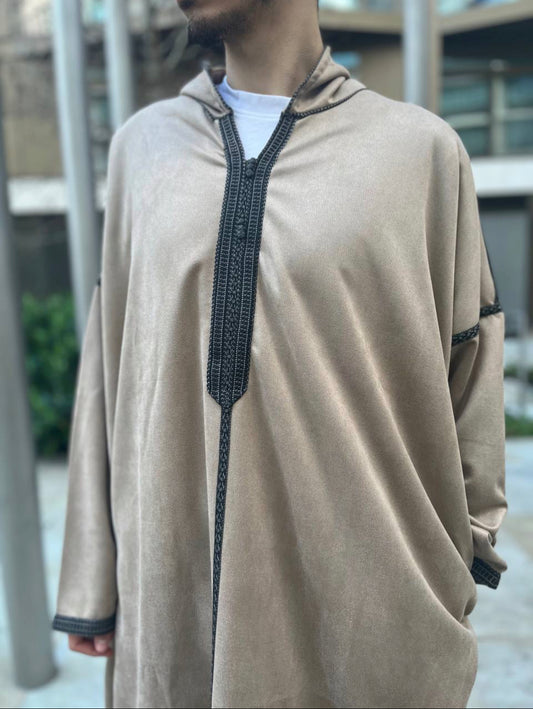 Beige fleece hooded thobe djaleba